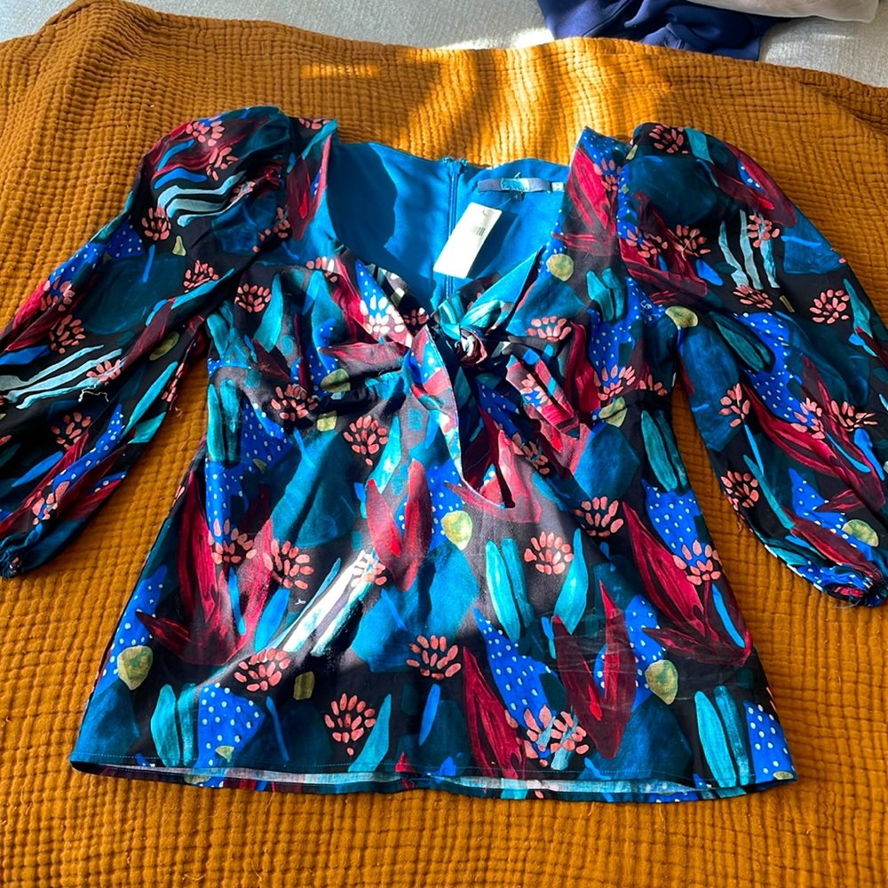 Anthropologie Colorful Floral Women’s Blouse, Eva Franco, Puff Sleeve, NWT, Sz 4